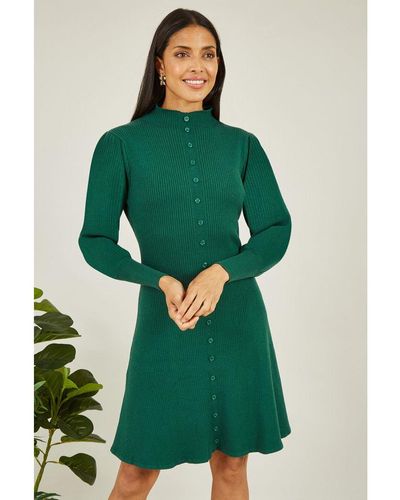 Yumi' Green Knitted Button Up Midi Dress With Balloon Sleeves Viscose