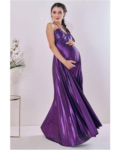 Goddiva Maternity Pleated Foil Tie Back Maxi - Purple
