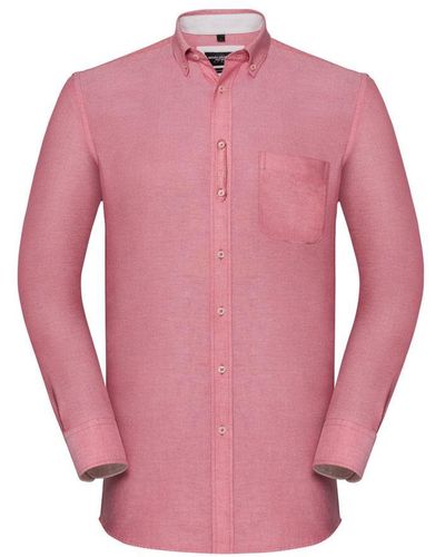 Russell Collection Oxford Tailored Long-Sleeved Shirt (Oxford/Cream) Cotton - Pink