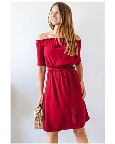 Sosandar Berry Stretch Waist Bardot Summer Dress - Red