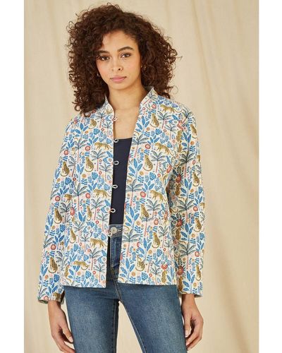 Yumi' Leopard Print Reversible Cotton Cropped Quilted Jacket - Blue