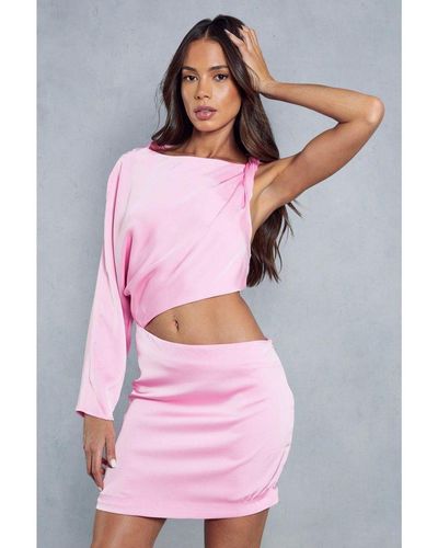 MissPap Premium Satin Twist Shoulder Cut Out Mini Dress - Pink