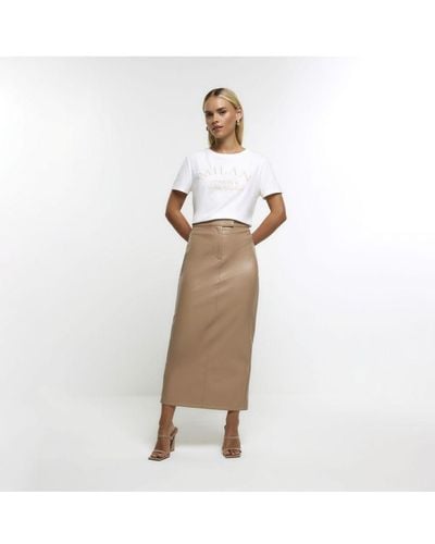 River Island Midi Skirt Petite Brown Faux Leather Pu - White