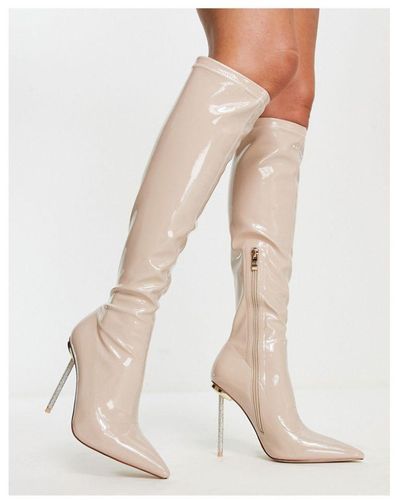 SIMMI London Demi Knee Boots With Diamante Stiletto Heel - White