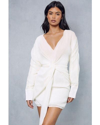 MissPap Textured Crinkle Twist Front Plunge Shirt Dress - White
