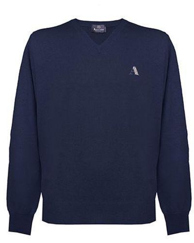 Aquascutum Lange Mouwen / V-hals Knitwear Jumper Met Logo In Marine - Blauw