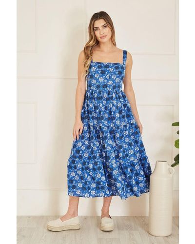 Yumi' Cotton Voile Floral Strappy Midi Sun Dress - Blue