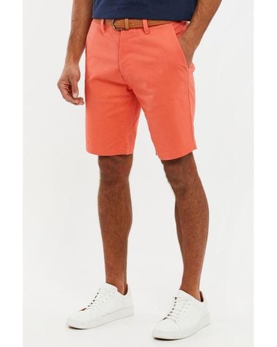 Threadbare Coral 'conta' Cotton Turn-up Chino Shorts With Woven Belt - Orange