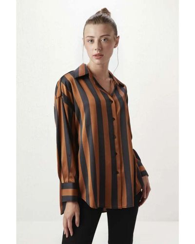 GUSTO Striped Satin Shirt - Brown