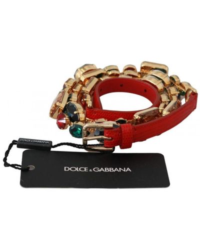 Dolce & Gabbana Damesriem In Rood Leer Met Veelkleurige Kristallen