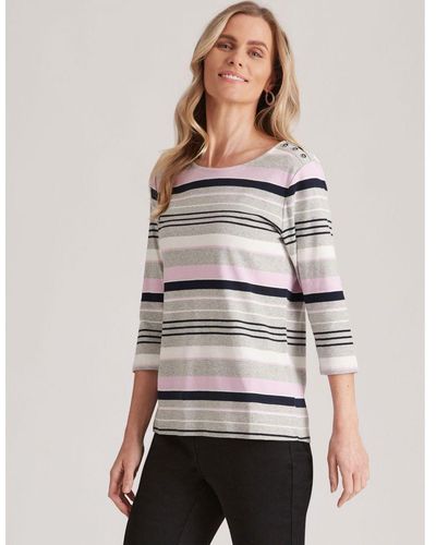 Millers 3/4 Sleeve Stripe T-shirt With Shoulder Button Detail Cotton - Purple