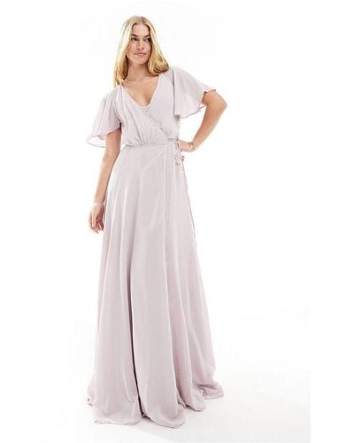 ASOS Bridesmaid Flutter Sleeve Maxi Dress With Full Skirt And Self Tie - White