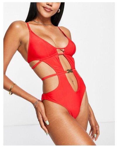 ASOS Cut Out Plunge Swimsuit With Trim Detail - Red