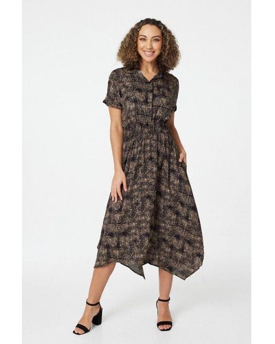 Izabel London Multi Printed Hanky Hem Shirt Dress Viscose - Brown