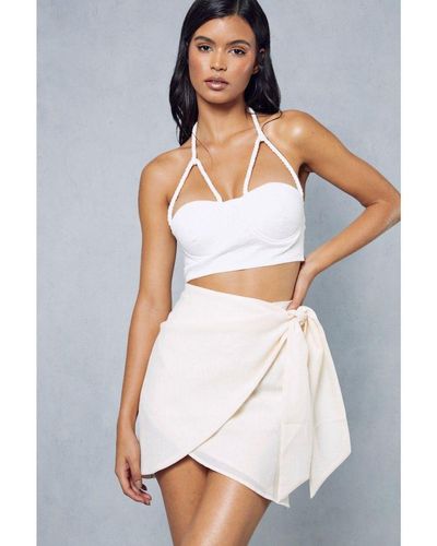 MissPap Crinkle Textured Wrap Mini Skirt - White