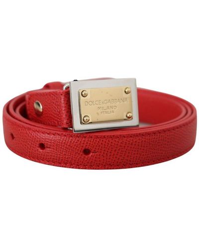 Dolce & Gabbana Leather Engraved Metal Buckle Belt - Red
