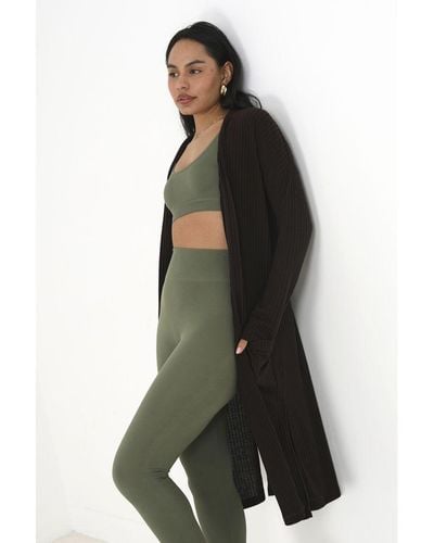 Brave Soul Chocolate 'nellie' Ribbed Oversized Lounge Cardigan Polyester/viscose - Green