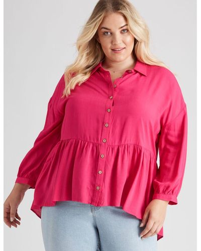 BeMe Long Sleeve Woven Gathered Waist Shirt - Plus Size Viscose - Pink