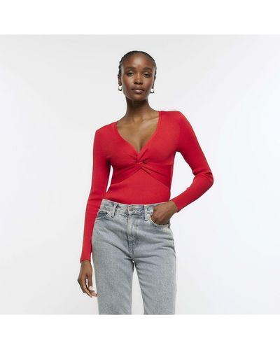 River Island Wrap Top Red Front Knot Long Sleeve