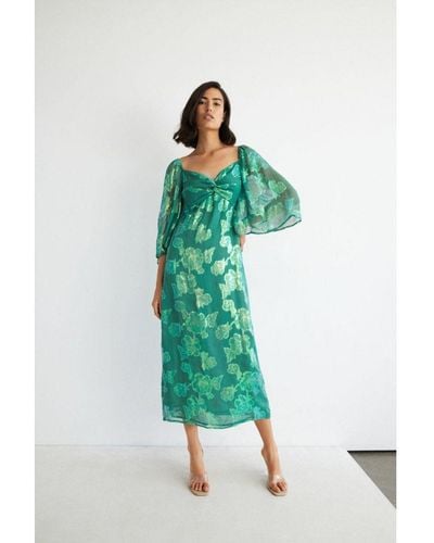Warehouse Sparkle Jacquard Twist Neck Midi Dress - Green