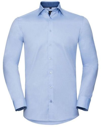 Russell Collection Long Sleeve Contrast Herringbone Shirt (Light/Mid) - Blue