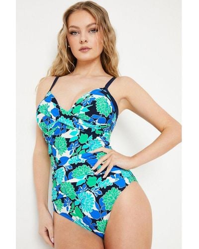 Gorgeous Bold Bloom Twist Front Tummy Control Swimsuit - Blue