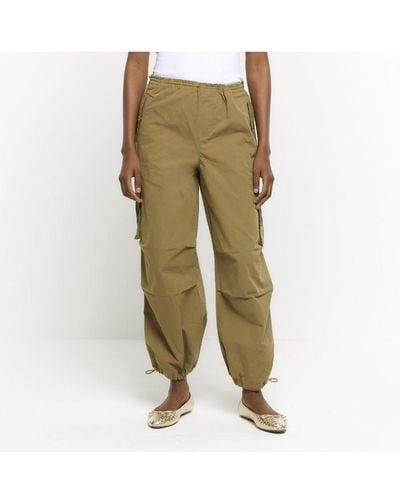 River Island Cargo Trousers Khaki Parachute Cotton - Green