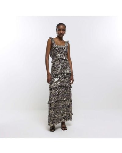 River Island Ruffle Maxi Dress Brown Leopard Print - White