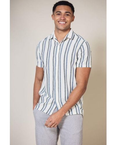 Nordam 'Terence' Cotton Linen Blend Short Sleeve Button-Up Striped Shirt - White