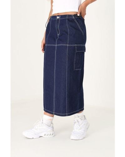 Brave Soul Indigo 'fallon' Denim Midi Skirt With Utility Pockets And Contrat Seams - Blue
