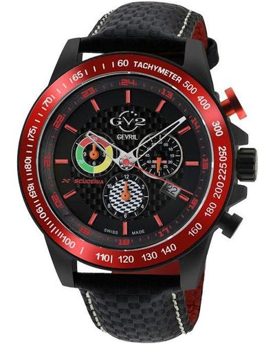 Gv2 Scuderia White Dial Black Leather Chronograph Date Watch - Red