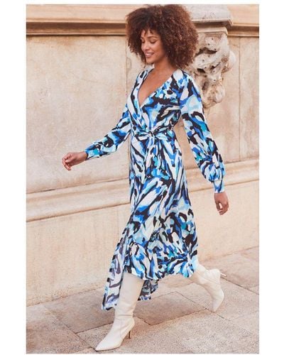 Sosandar Abstract Print Blouson Sleeve Wrap Jersey Midi Dress - Blue
