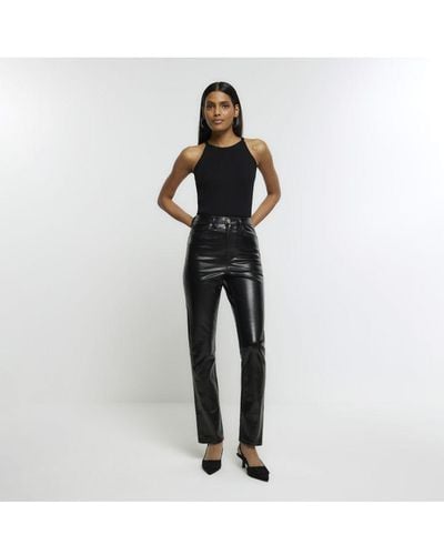 River Island Straight Jeans Black High Waisted Slim Coated Cotton - White