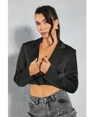 MissPap Premium Satin Cropped Blazer - Grey