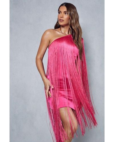 MissPap Fringed Tassle One Shoulder Mini Dress - Pink