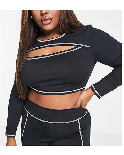 South Beach Plus Over Lock Stitch Cut Out Long Sleeve Top - Blue