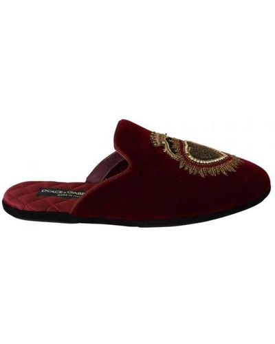 Dolce & Gabbana Red Velvet Sacred Heart Embroidery Slides Shoes Leather