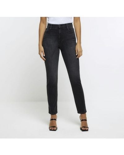 River Island Straight Jeans Black High Waisted Stove Pipe Cotton - Blue