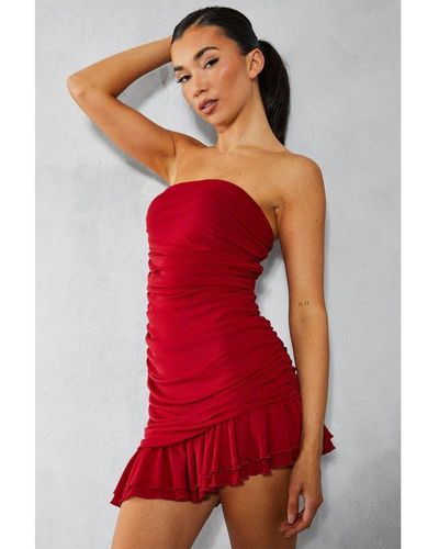 MissPap Mesh Bandeau Frill Hem Ruched Bodycon Mini Dress - Red