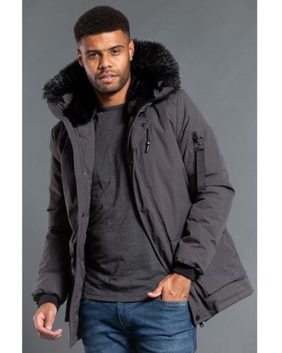 Nines Longline Hooded Padded Parka Jacket With Faux Fur Hood - Grey