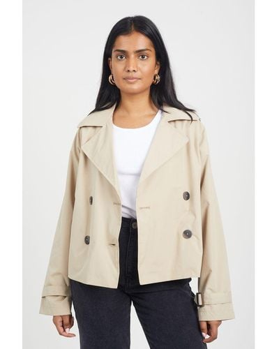 Brave Soul Stone 'brandy' Double Breasted Cropped Trench Coat - Natural