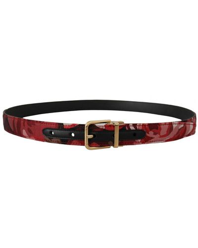 Dolce & Gabbana Jacquard Rose Leather Metal Buckle Belt - Red