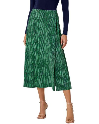 Roman Cotton Blend Spot Print Midi Wrap Skirt - Green