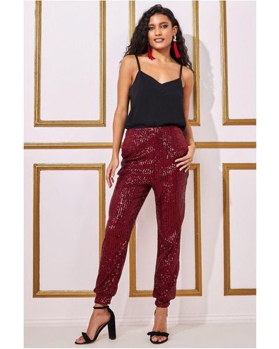 Goddiva Sequin Cuffed Ankle Trouser - Red