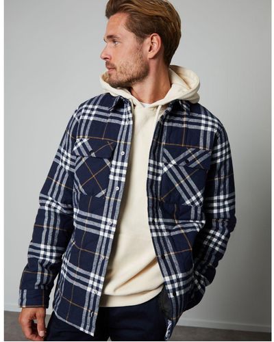 Threadbare 'Dudley' Brushed Cotton Check Overshirt With Quilted Lining - Blue