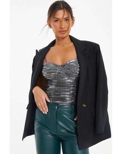 Quiz Silver Foil Ruched Bodysuit - Black