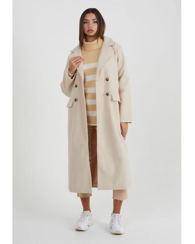 Brave Soul Cream 'annabell' Double Breasted Faux Wool Longline Coat - Natural