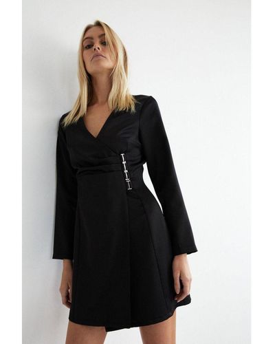 Warehouse Satin Wrap Buckle Detail Mini Dress - Black