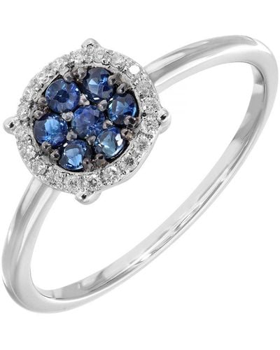 DIAMANT L'ÉTERNEL 9ct White Gold Pave Set Diamond And 0.28ct Sapphire Round Ring - Blue