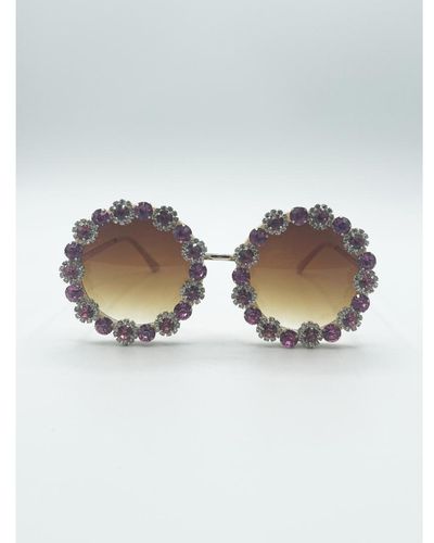 SVNX Round Floral Crystal Gem Sunglasses - Grey